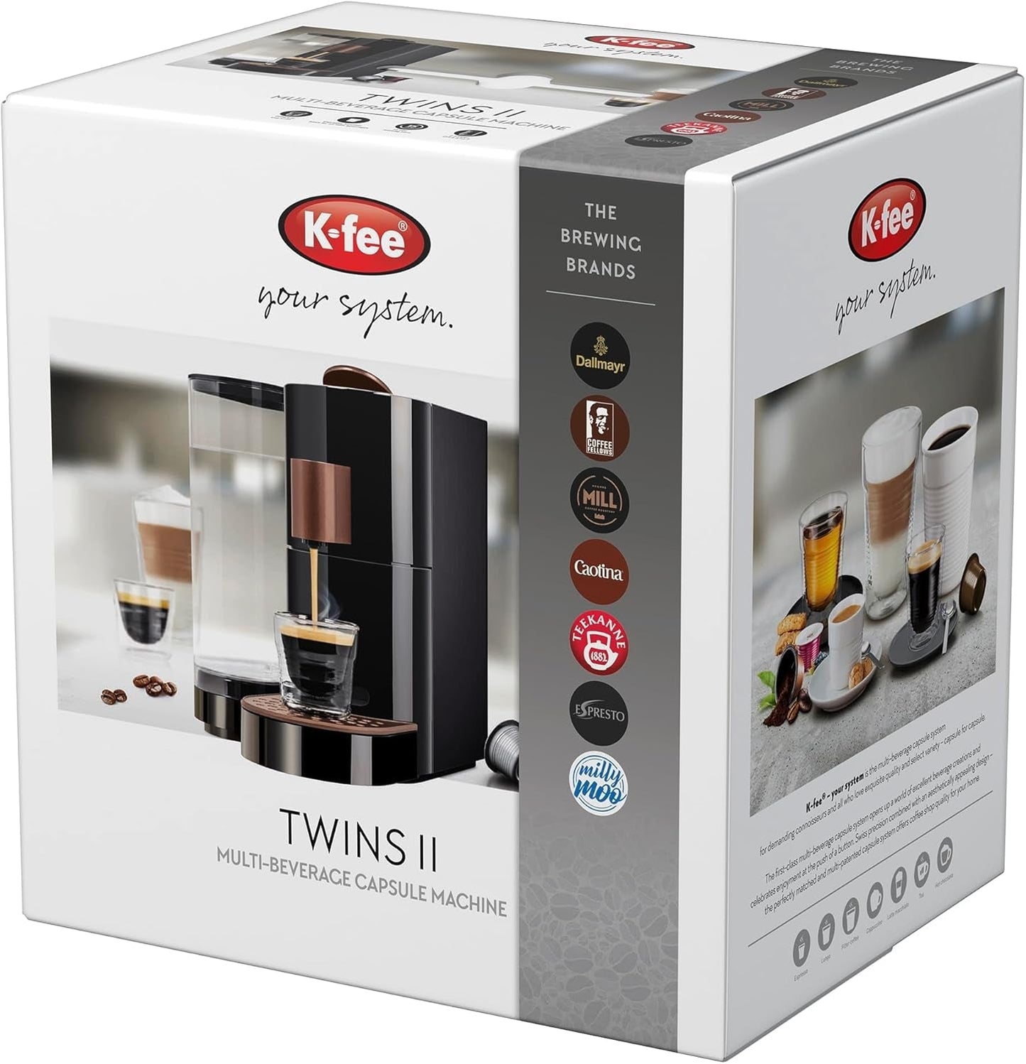 Cafetera espresso de cápsulas K-FEE TWINS II para café, té y cacao | Máquina de café espresso para tazas grandes | Calentamiento rápido | Depósito de agua de 2,3 litros | 19 barras | Negro-cobre