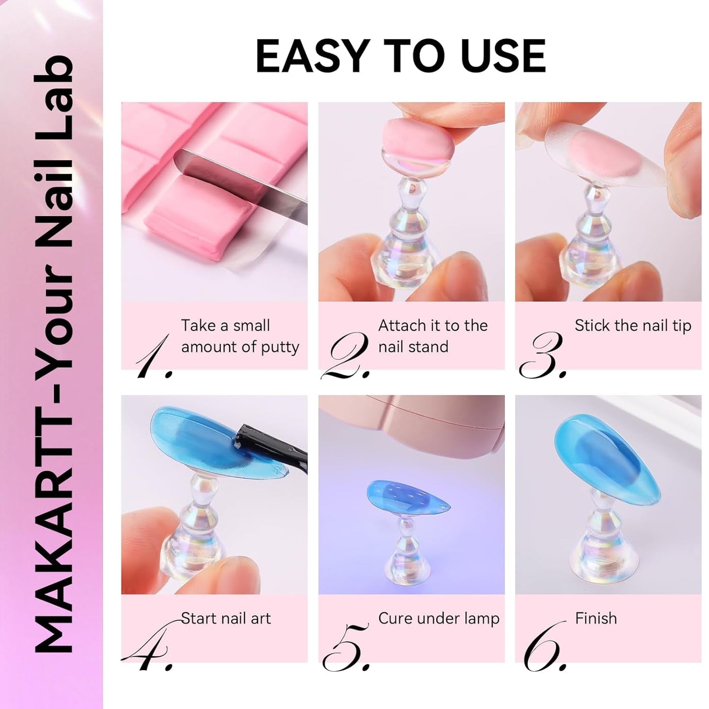 Makartt Soporte para uñas acrílico, soporte magnético para uñas, soporte para uñas, soporte para uñas transparente rosa con 48 masillas adhesivas