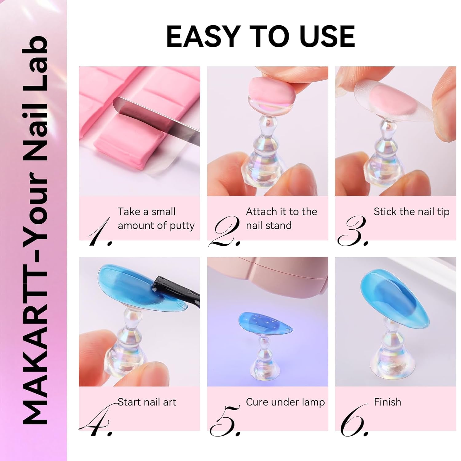 Makartt Soporte para uñas acrílico, soporte magnético para uñas, soporte para uñas, soporte para uñas transparente rosa con 48 masillas adhesivas