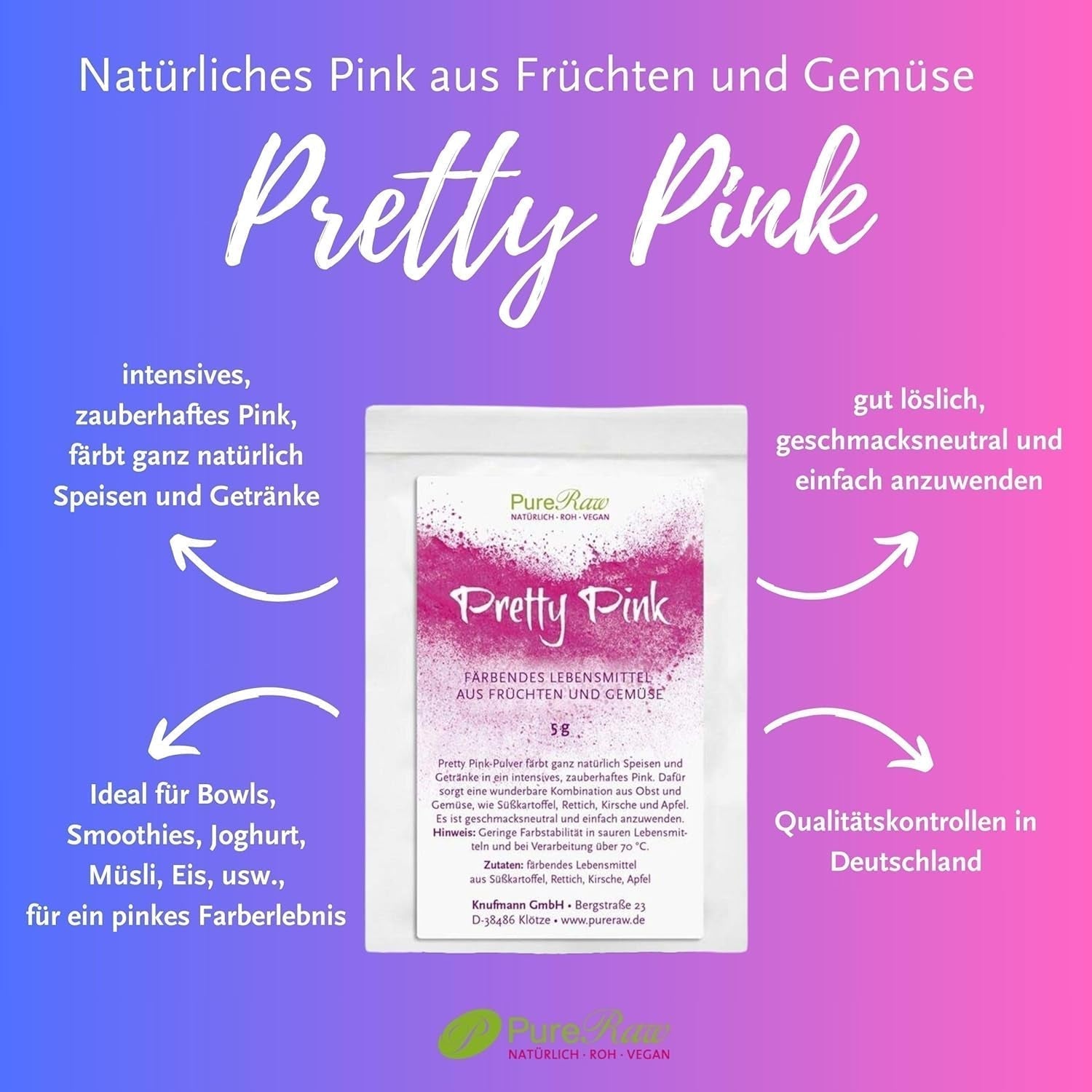 Pretty Pink Natürliche Lebensmittelfarbe Pulver Rosa (Roh Vegan) Pastel Rose Bis Intensiv Rosa-Rot - Essbare Farbe Für Lebensmittel Aus Früchten Und Gemüse - Colorante alimentario natural | Tienda Pureraw 5G Naty