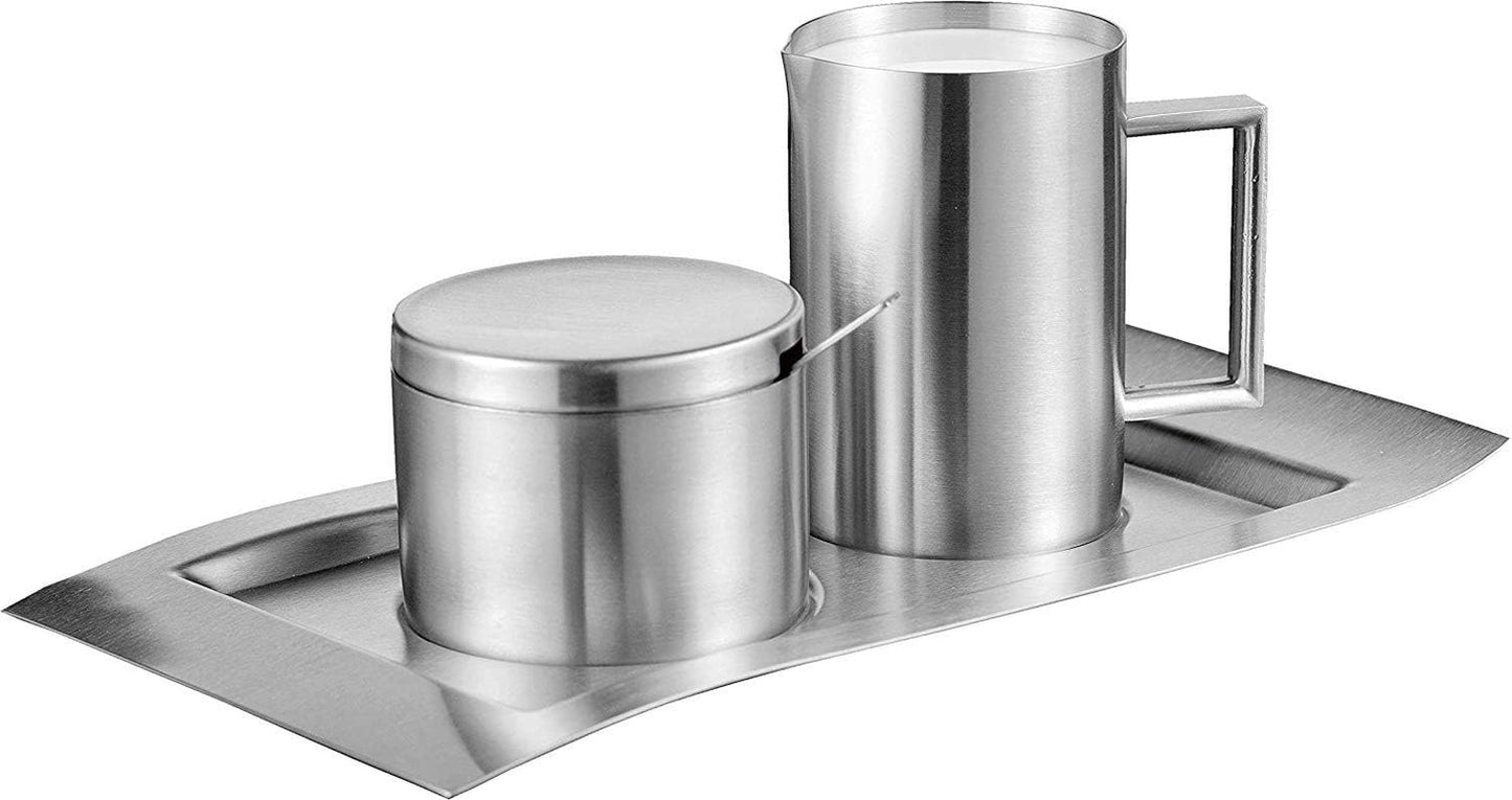 Juego de 4 recipientes para leche y azúcar, modelo Wave, 400-1655, fabricados en acero inoxidable 18/10 cepillado. El set consta de una bandeja de cada uno.