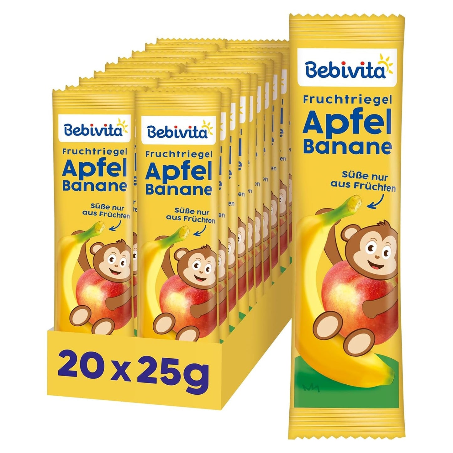 Barritas de manzana y plátano (20 x 25g), endulzadas únicamente con fruta, perfecto snack entre horas, elaborada a partir de ingredientes estrictamente controlados y seleccionados.