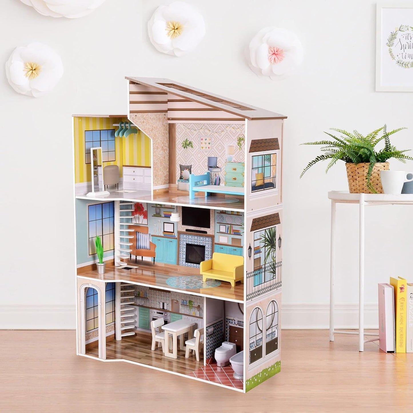 Olivia's Little World Casa de muñecas interactiva de madera de 3 pisos de estilo mediterráneo contemporáneo para niños con 17 accesorios para muebles de muñecas Multicolor TD-13551B