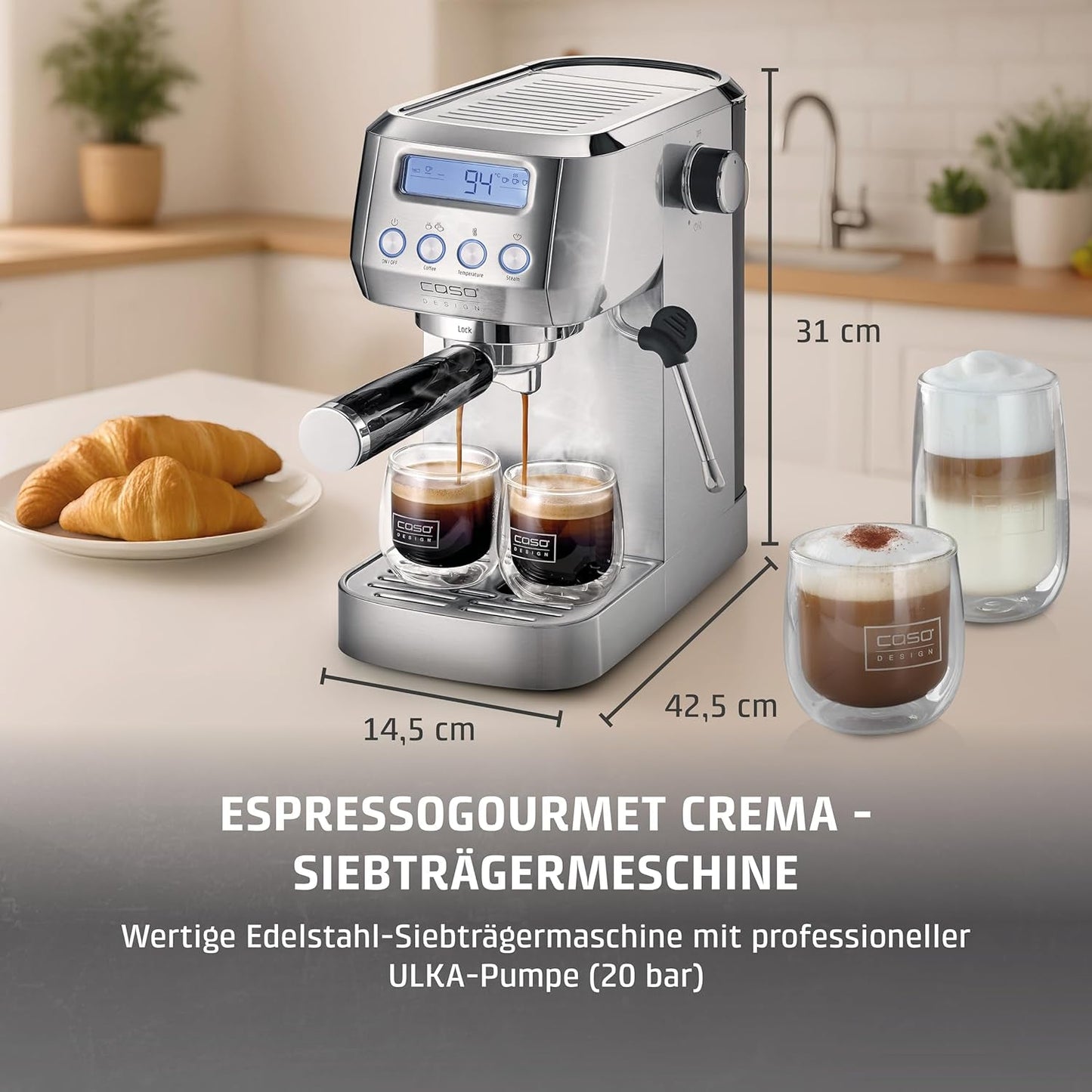 CASO EspressoGourmet Crema - Cafetera espresso portafiltro con espumador de leche, espresso, capuchino, portafiltro de acero inoxidable, bomba ULKA 20 bar, cafetera, café molido, cápsulas ESE