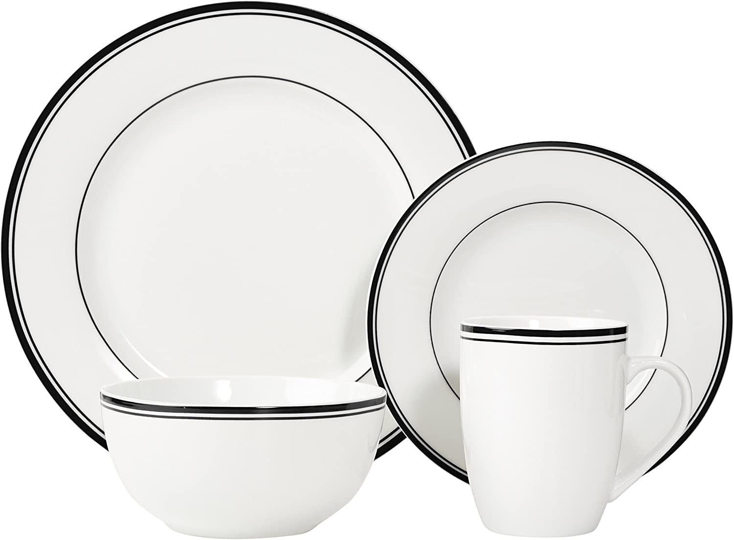 Amazon Basics Juego de vajilla para 4 de 16 piezas con borde negro color café