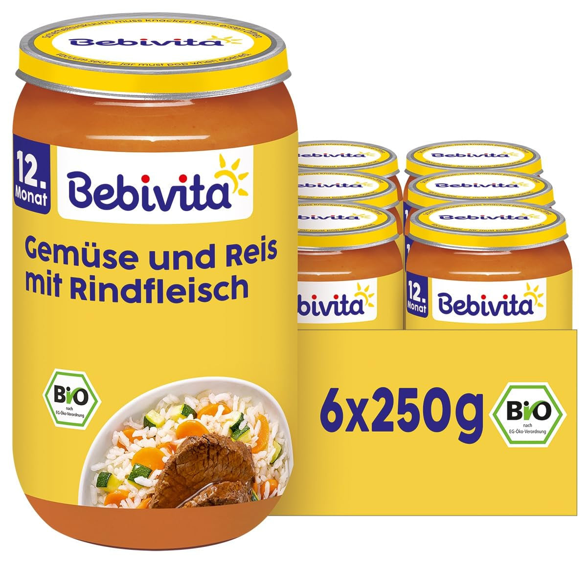 Comidas a partir de 12 meses: Arroz con verduras y ternera, 250g, pack de 6 (6 x 250g)
