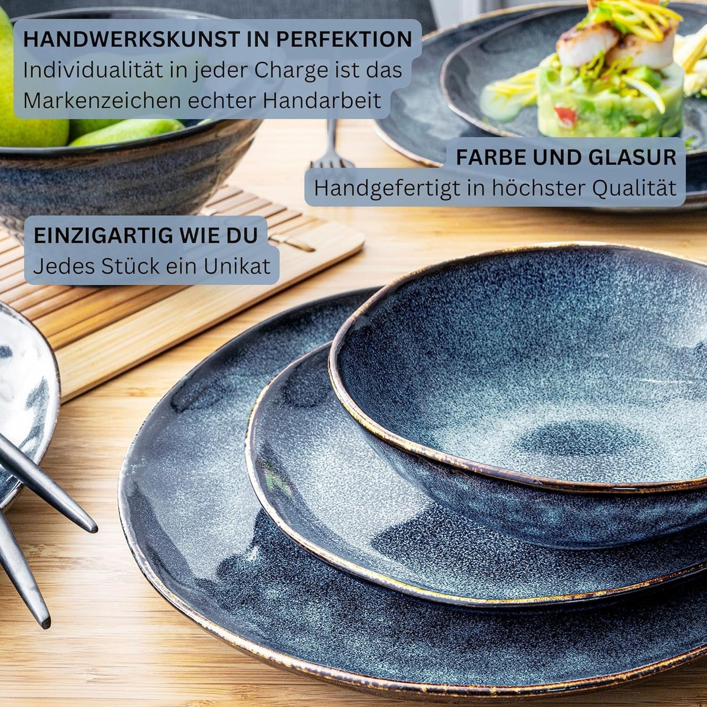 Sanger | Juego de vajilla Tokyo de 36 piezas Juego de vajilla de porcelana para 12 personas Vajilla moderna hecha a mano en color azul oscuro con detalles en negro | LA COLECCIÓN PREMIUM