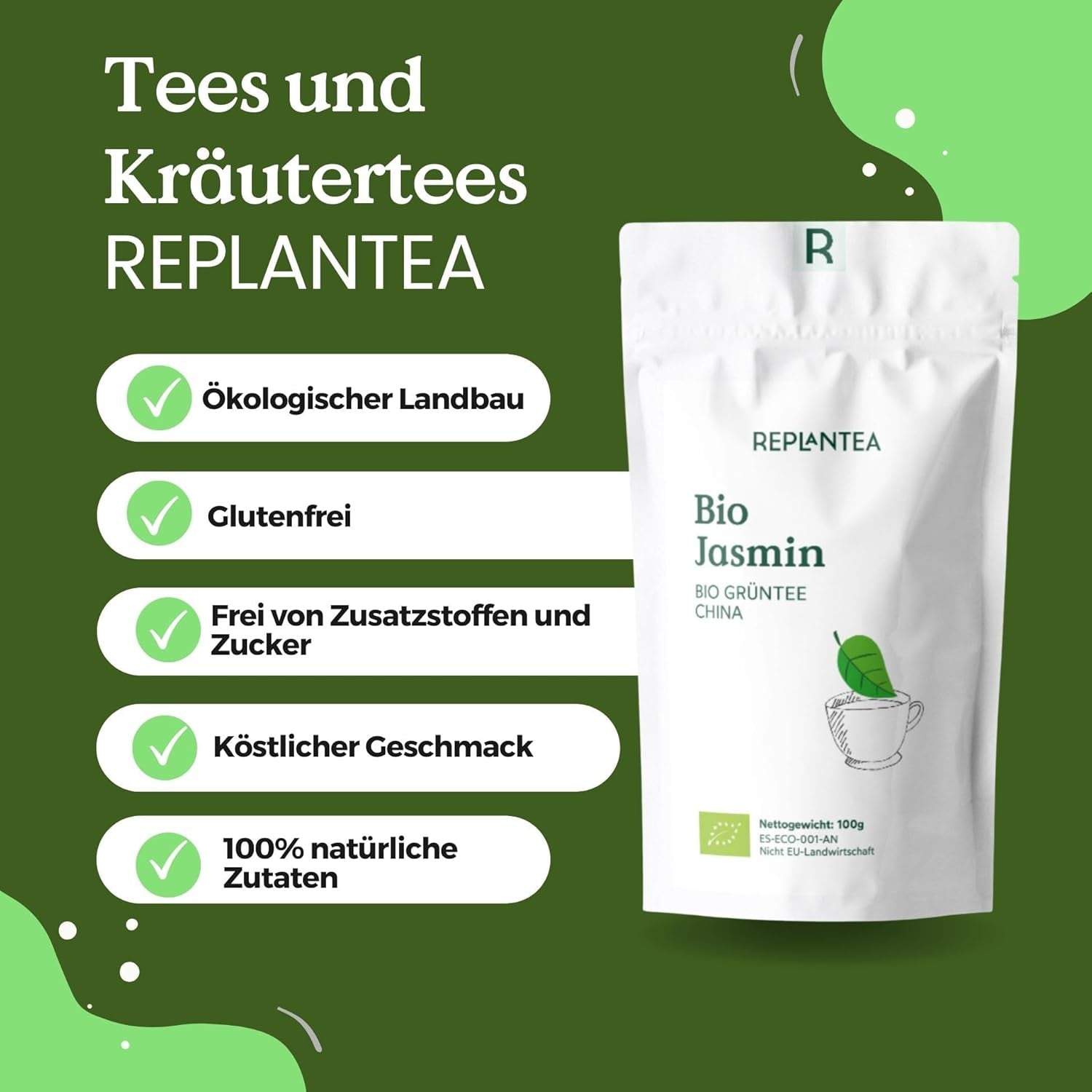 Té verde orgánico con jazmín 100 g (50 tazas) | Té de jazmín de China a granel, calidad ecológica REPLANTEA