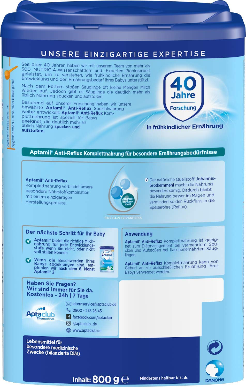 Aptamil Antirreflujo - Fórmula completa desde el nacimiento Manejo dietético Vómitos y regurgitaciones Alimentos para bebés Leche en polvo 1 x 800 g