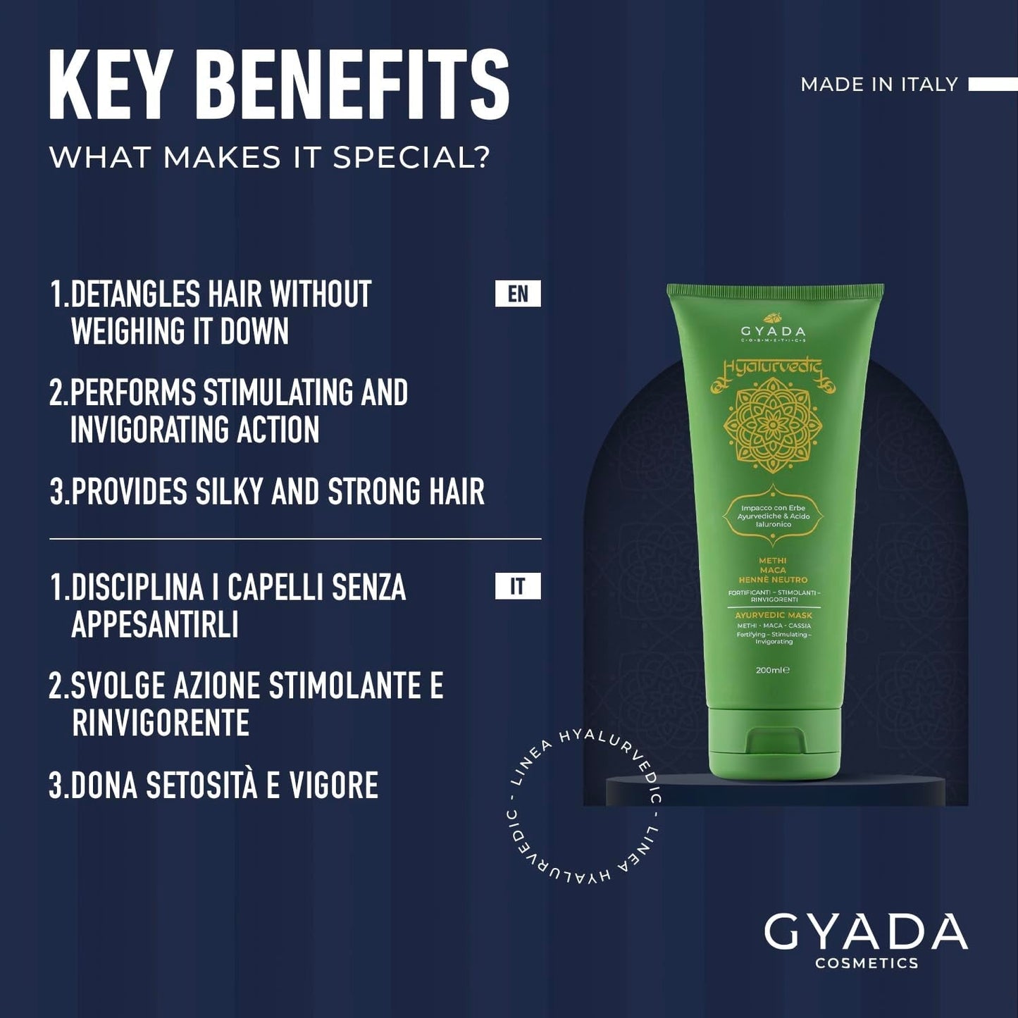 GYADA COSMETICS, Compresa Ayurvédica Fortalecedora Hialurvédica, Tratamiento Profesional para Cabello Fino y Débil, Anti-Frizz con Methi, Maca, Henna Neutra, Mascarilla Capilar Naty Shop 200ml