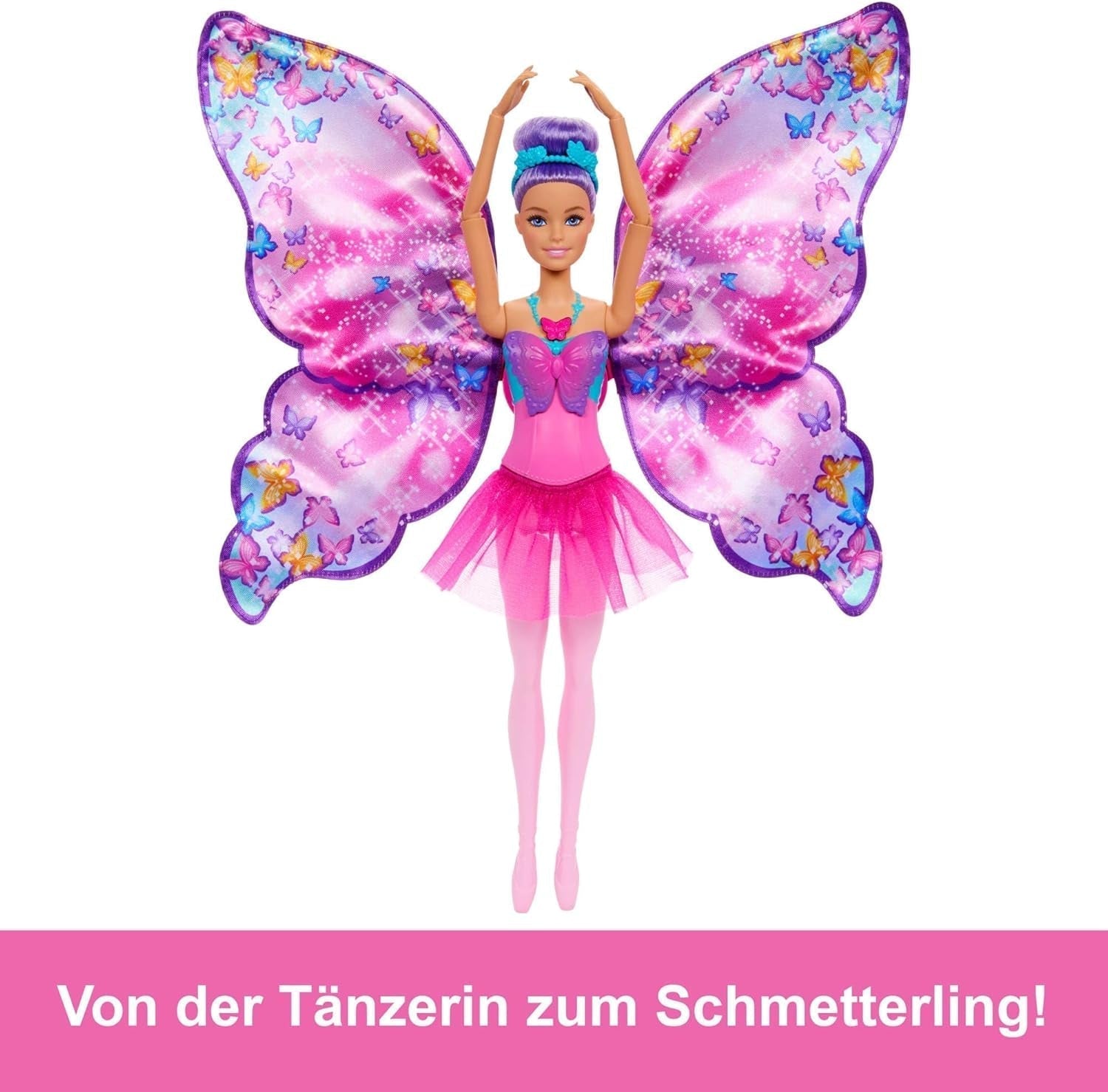 Barbie Dance And Flutter Muñeca Transformable 2 en 1 de Bailarina en Mariposa con Alas que se Abren, Cabello Morado, Joyas para el Cabello y tutú Desmontable, HXJ10 Naty Shop Dolls
