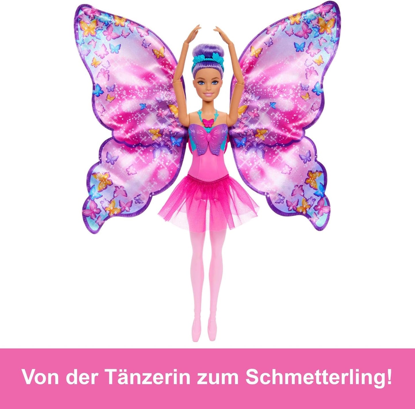 Barbie Bailarina y Mariposa 2 en 1 que transforma a bailarina en mariposa con alas que se abren, cabello morado, accesorios para el cabello y tutú desmontable, HXJ10