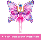 Barbie Bailarina y Mariposa 2 en 1 que transforma a bailarina en mariposa con alas que se abren, cabello morado, accesorios para el cabello y tutú desmontable, HXJ10