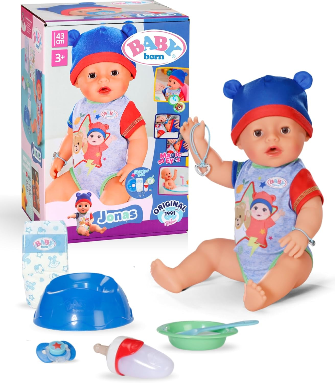 BABY Born Jonas - muñeco bebé 43 cm - 10 funciones incluidos accesorios y colchón - Funciona completamente sin pilas - Apto para niños a partir de 3 años