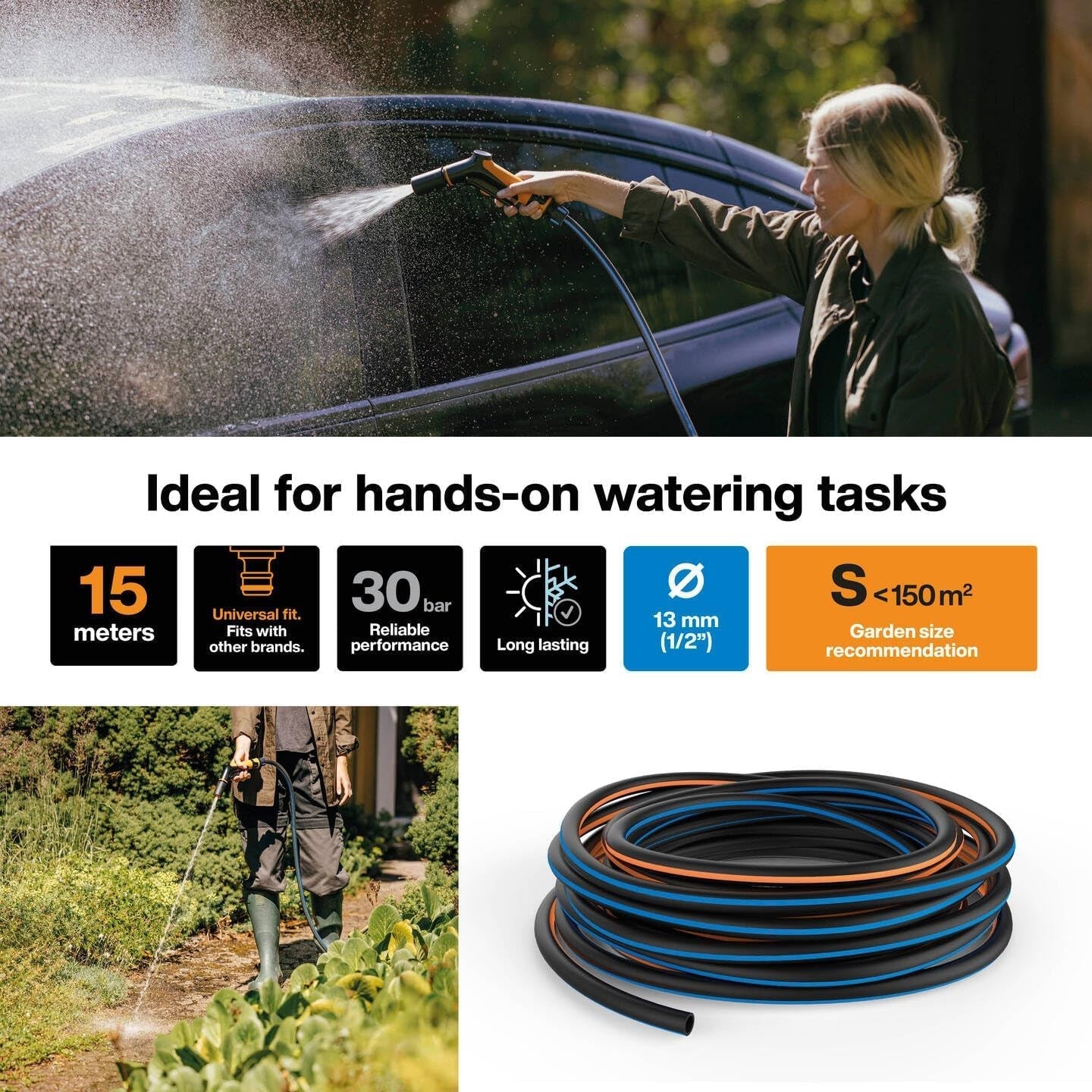 Fiskars Manguera de jardín S, Maciza, Manguera de agua para riego manual, 13 mm (1/2"), Longitud: 15 m, Conexión universal, Protección UV, Protección contra heladas, Resistente a la torsión, Azul, 1076049