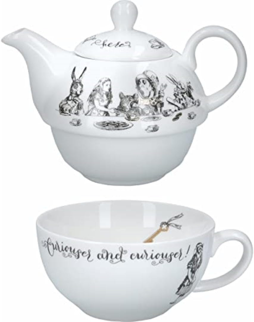 Juego de tetera y tazas Alicia en el País de las Maravillas para 1 persona en caja de regalo, servicio de té de porcelana fina, blanco, 250 ml