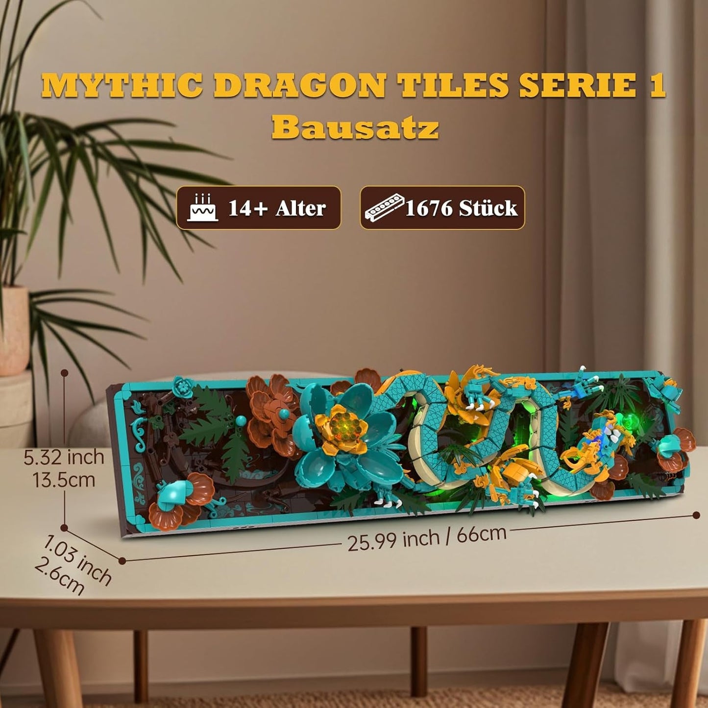 Kit de construcción de azulejos de dragón mítico para adultos, juguete de construcción de arte divino 3D con luces LED y flores, kit de modelo de relieve de dragón, regalos creativos y decoraciones (1676 piezas)