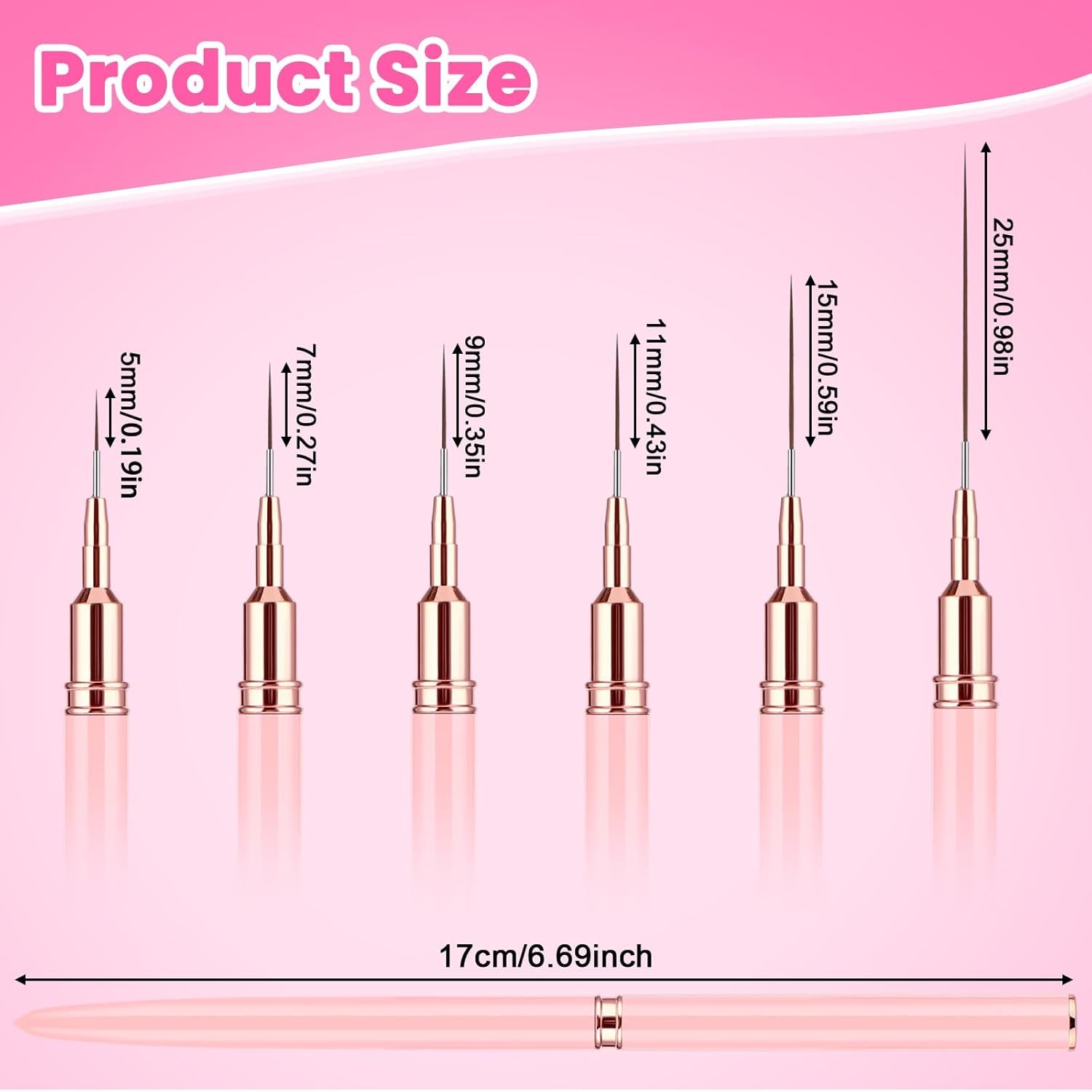 6 Stück Liner Nailart Pinsel Nageldesign Pinsel Set Dünn Acryl Nagelpunkt-Zeichenwerkzeug Nägel Dünne Nagelpinsel Set para Lange Linien, Dünne Detalles, Feines Zichnen 5/7/9/11/15/25 Mm (Rosa)