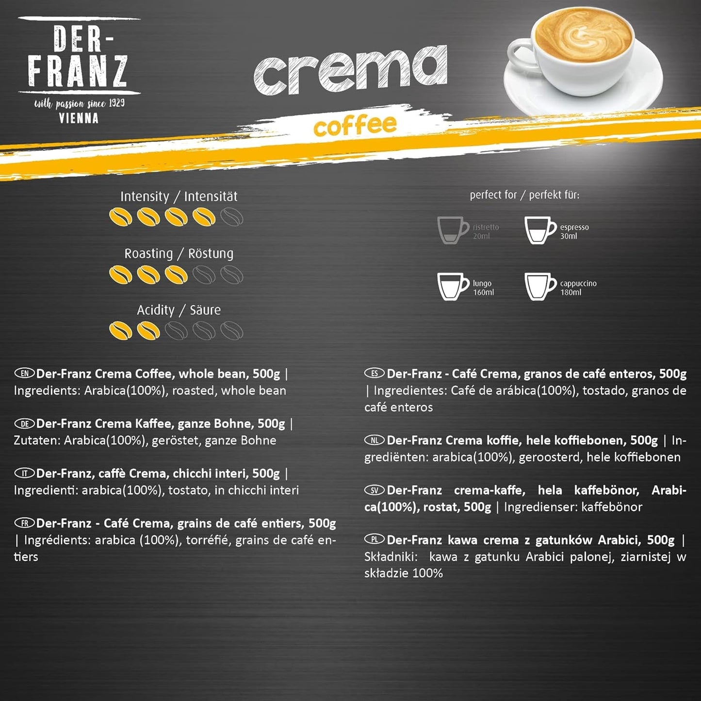 DER-FRANZ Kaffee Crema, Intensidad 4/5, 100% Arábica, ganze Kaffeebohnen, 3 x 500 g