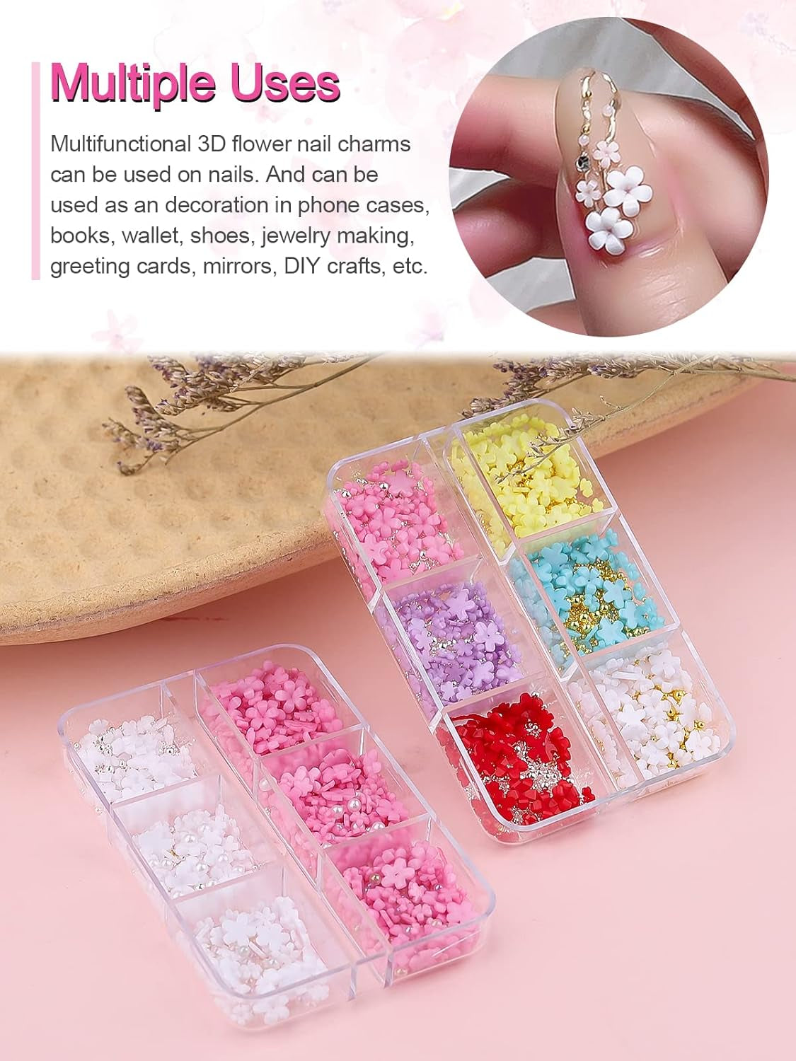 Kalolary Flowers Nail Art Charms, flores acrílicas 3D para uñas, cinco pétalos, adornos florales, gemas de uñas, diamantes de imitación, cuentas de metal mixtas para bricolaje, diseño de uñas, fabricación de joyas (2 cajas)