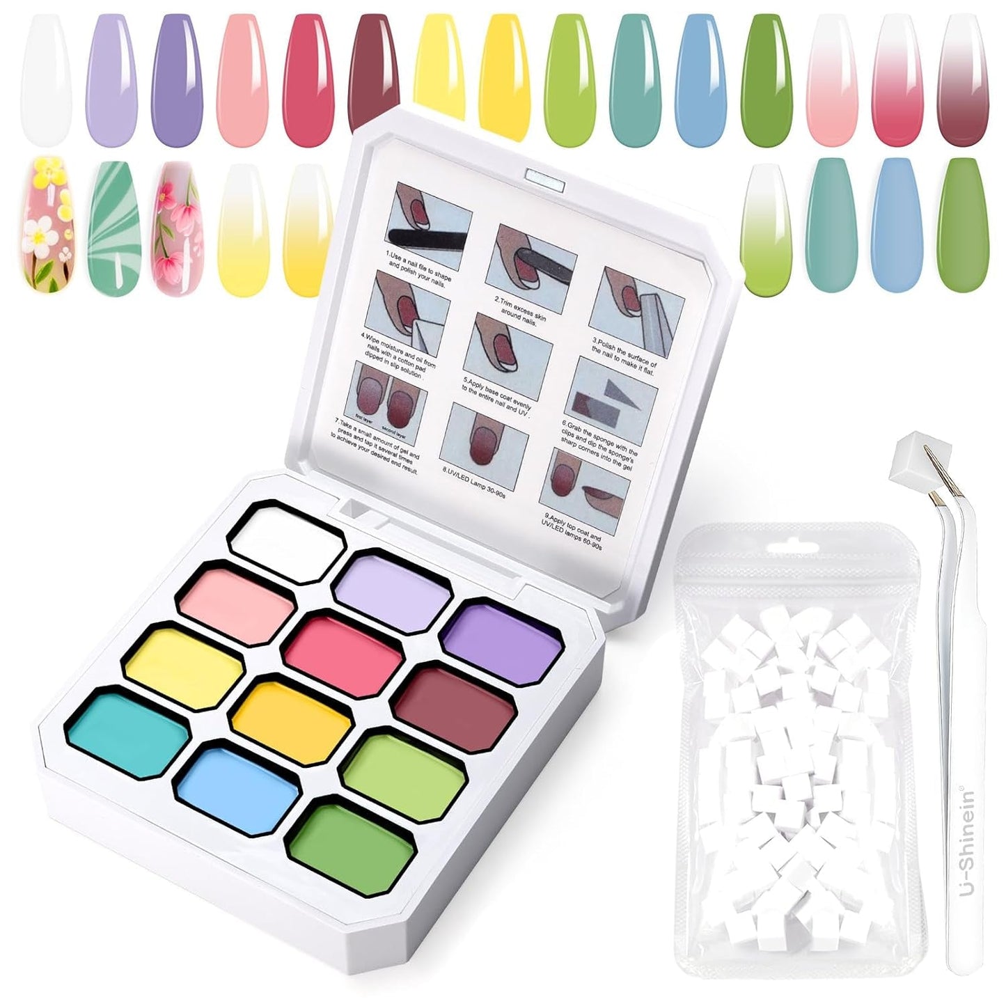 Gel de pintura degradada, 12 colores de esmalte de uñas de gel Ombre con 100 esponjas de uñas y 4 garras de metal para manicura francesa DIY Nail Art, Set I