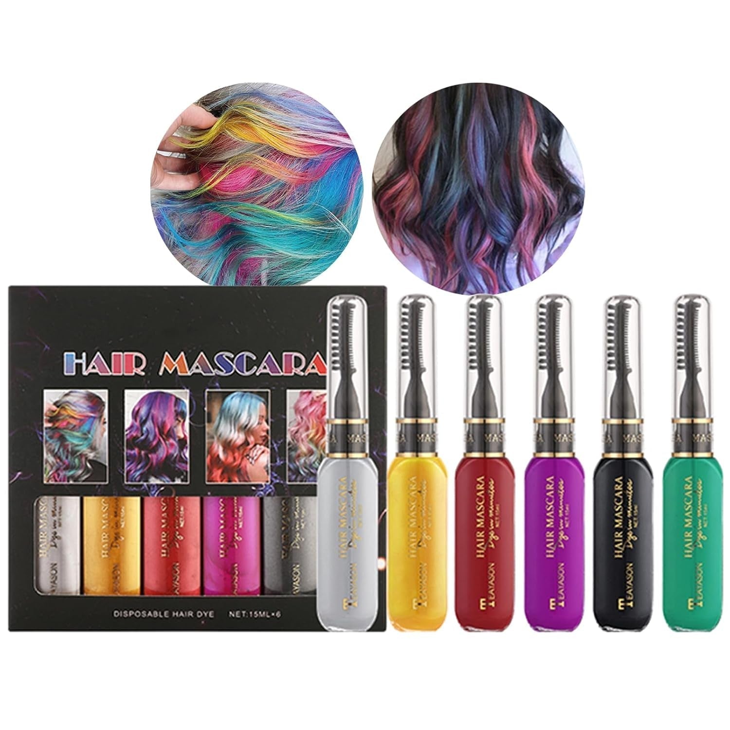 Tinte para el cabello instantáneo, 6 colores, máscara temporal para el cabello para niñas y mujeres, tiza para el cabello lavable, máscara para el cabello con arcoíris, tinte para el cabello para carnaval, Halloween, cosplay, fiesta, cumpleaños (A) Naty Shop Tinte para el cabello B 90 ml (1 paquete)