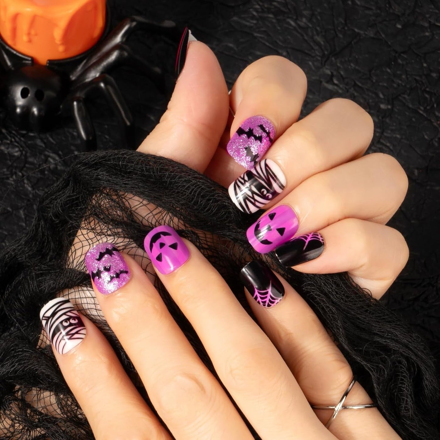 72 piezas de uñas de Halloween, uñas postizas autoadhesivas, uñas artificiales cortas, uñas prensadas autoadhesivas, uñas postizas autoadhesivas, puntas de uñas artificiales, naranja, verde, negro