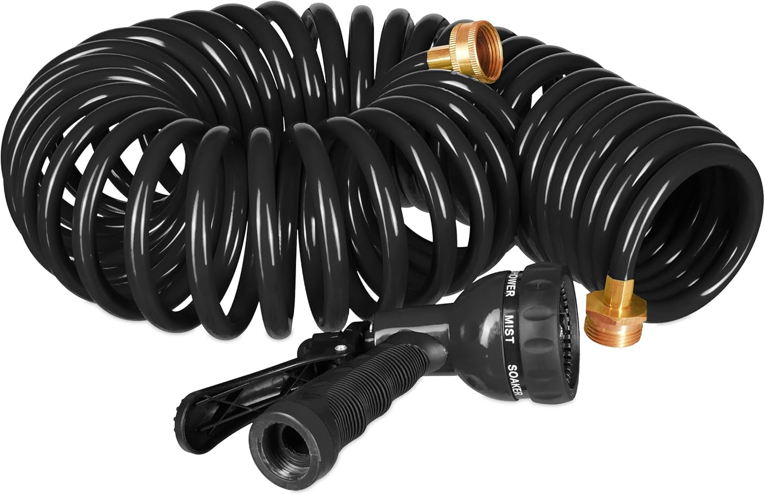 Relaxdays Manguera en espiral extensible hasta 10 m Manguera de jardín flexible con pulverizador de agua 7 patrones de pulverización negro