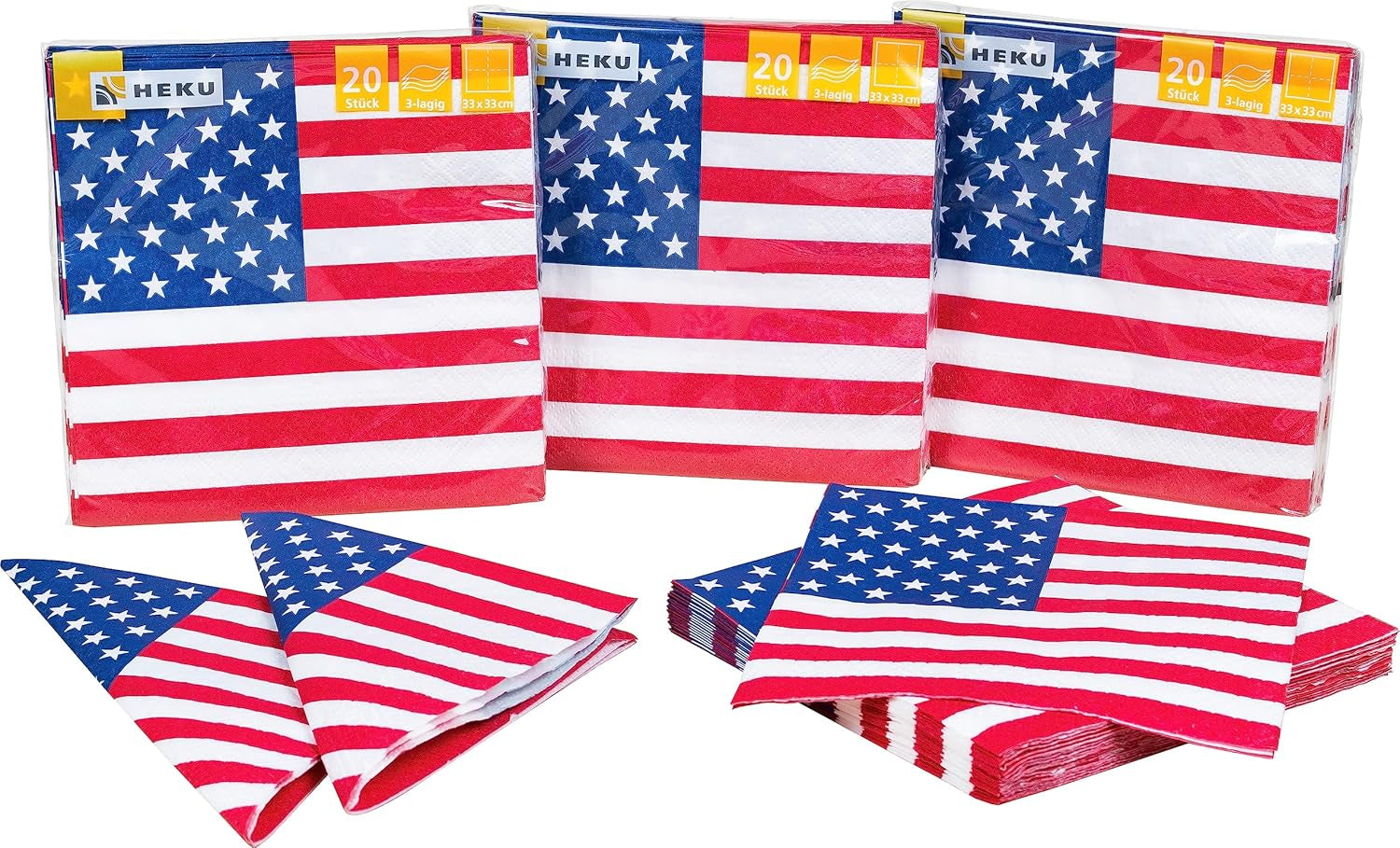 HEKU 191 uds. Set Fiesta USA I Platos Cartón Ø23Cm, Vasos Rojos, Servilletas 3 Capas 33X33Cm, Recogedor De Decoración, Cadena Banderines 10M I Perfecto para fiestas temáticas y fiestas patrias