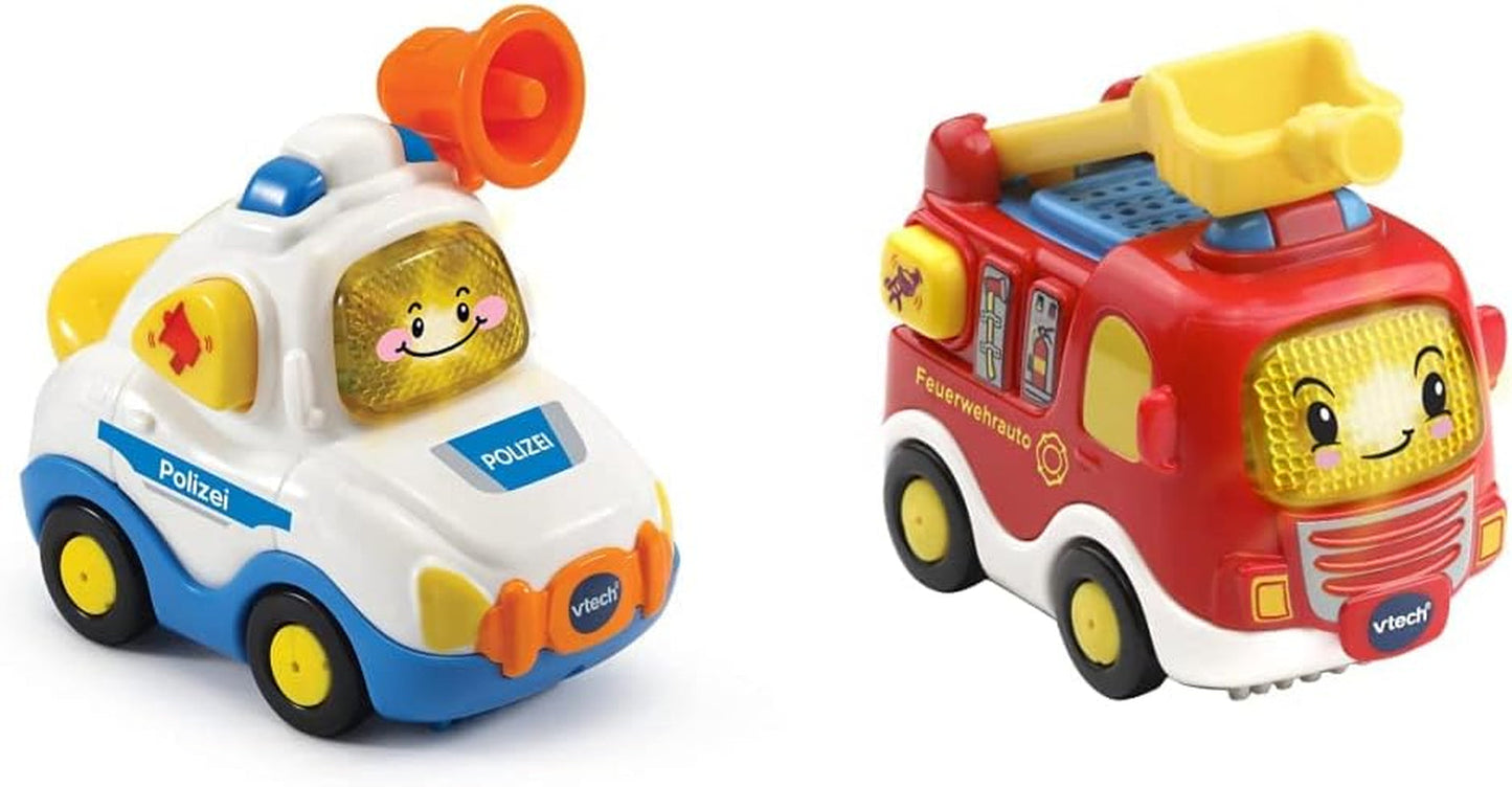 Vtech TUT TUT Baby Flitzer - Policía - Para 1-5 años & TUT TUT Baby Flitzer - Camión de bomberos - Coche de juguete con música, botón de luz, frases y sonidos interesantes - Para 1-5 años Bebe Toys Naty Shop Pack camión de bomberos Baby Flitzer