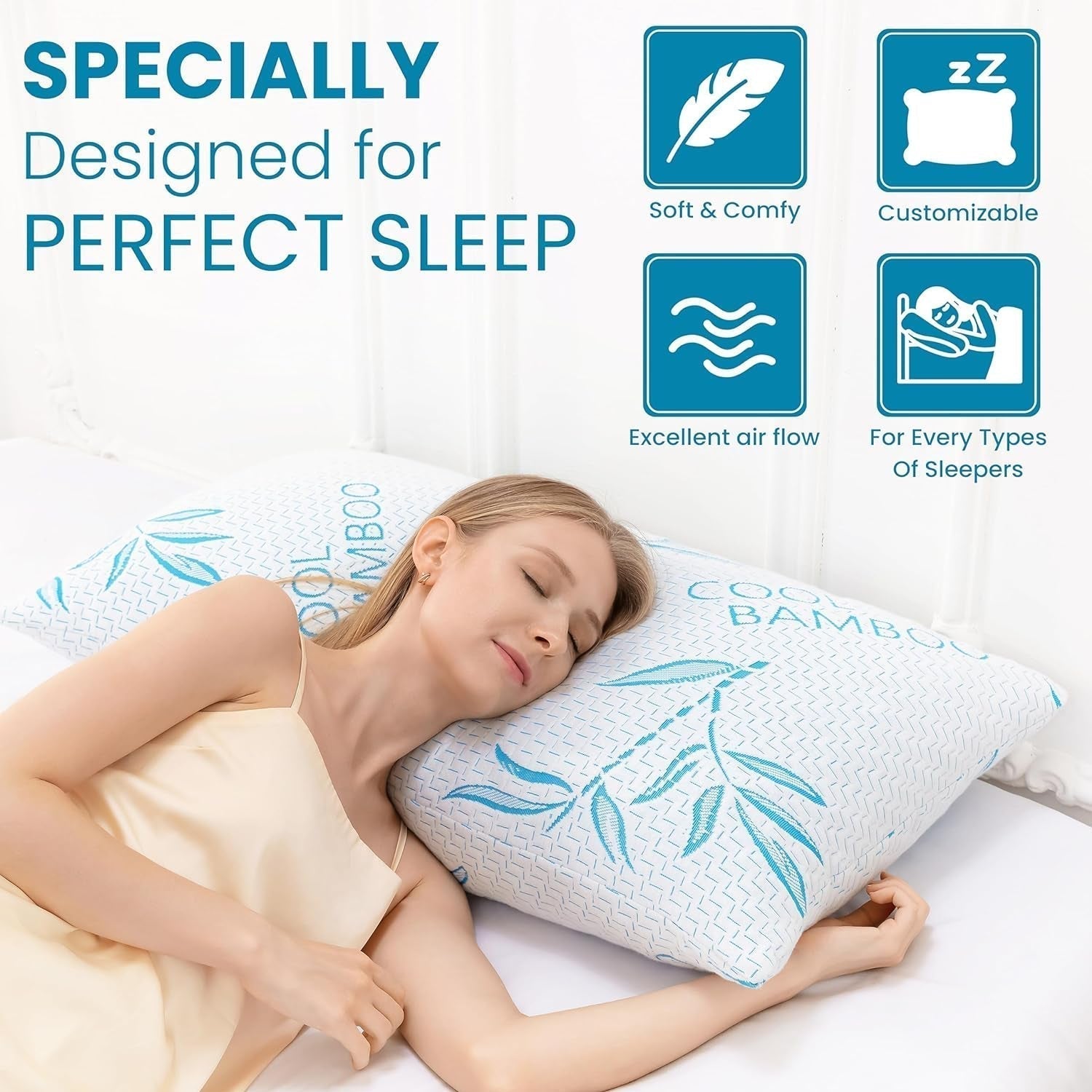 Naty Shop Almohadas estándar Comfysleep Almohada de Viscosa de bambú tamaño King Refrescante Espuma viscoelástica triturada Viscosa de bambú Ajustable Funda extraíble/Lavable 2 Piezas