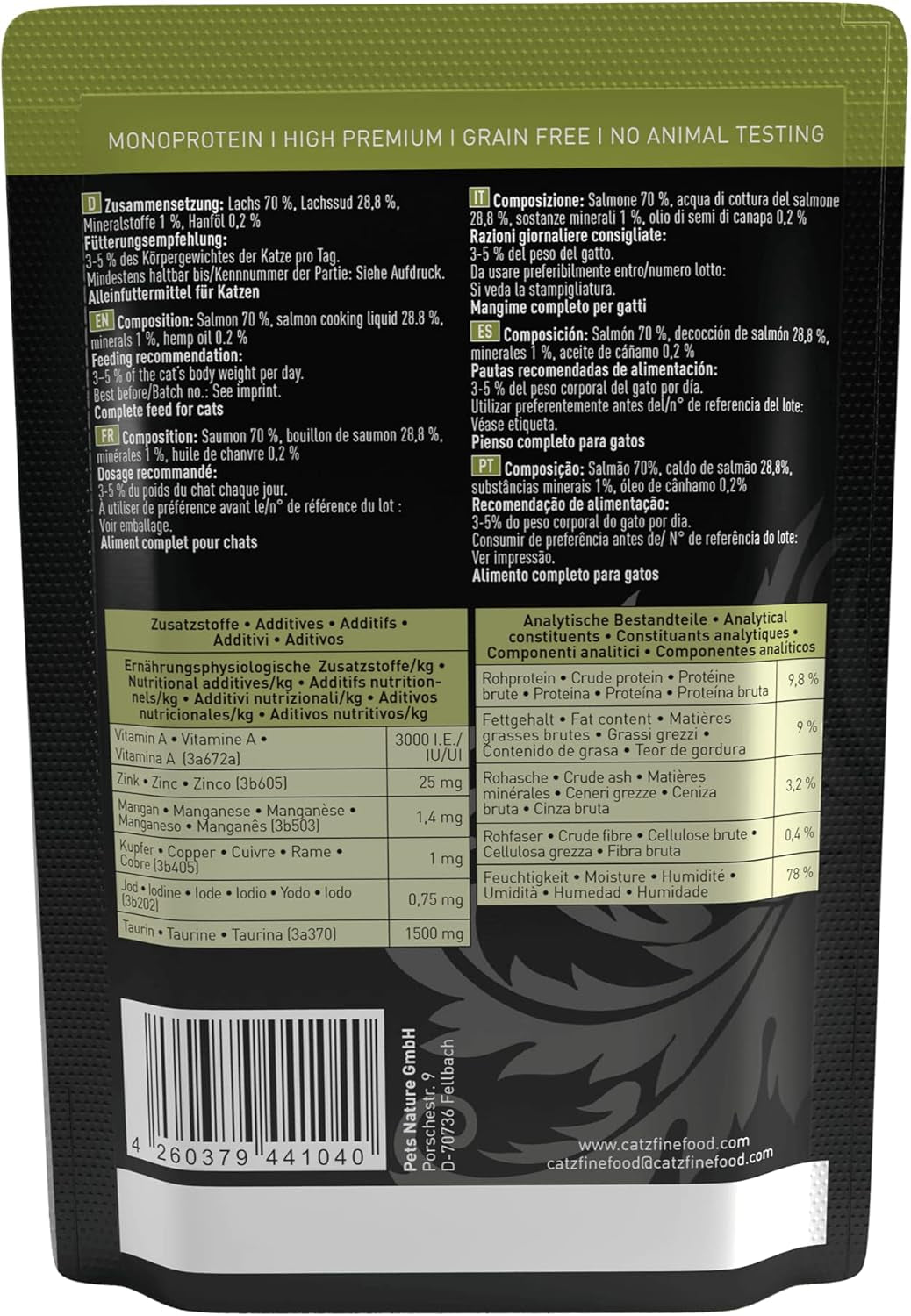 Comida húmeda para gatos Catz Finefood Purrrr con monoproteína y salmón núm. 105, para gatos con digestión sensible, 16 x 80 g