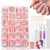 Juego de 360 ​​uñas postizas de bailarina degradada, uñas artificiales degradadas de color rosa y blanco con 2 bolígrafos de aceite de uñas, uñas postizas medianas Ombre para mujeres DIY