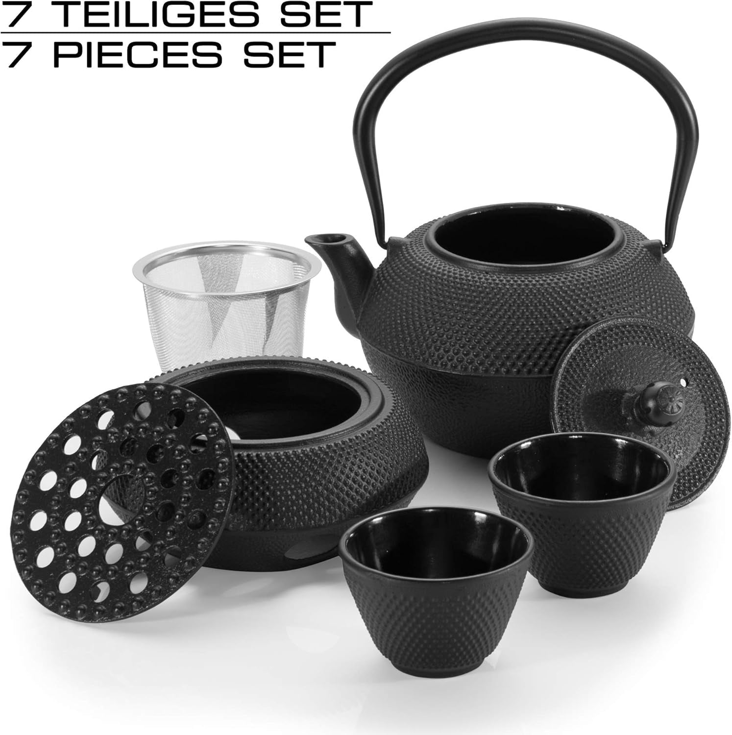 Juego de té tradicional de hierro fundido Dimono: tetera, calentador y 2 tazas de té.