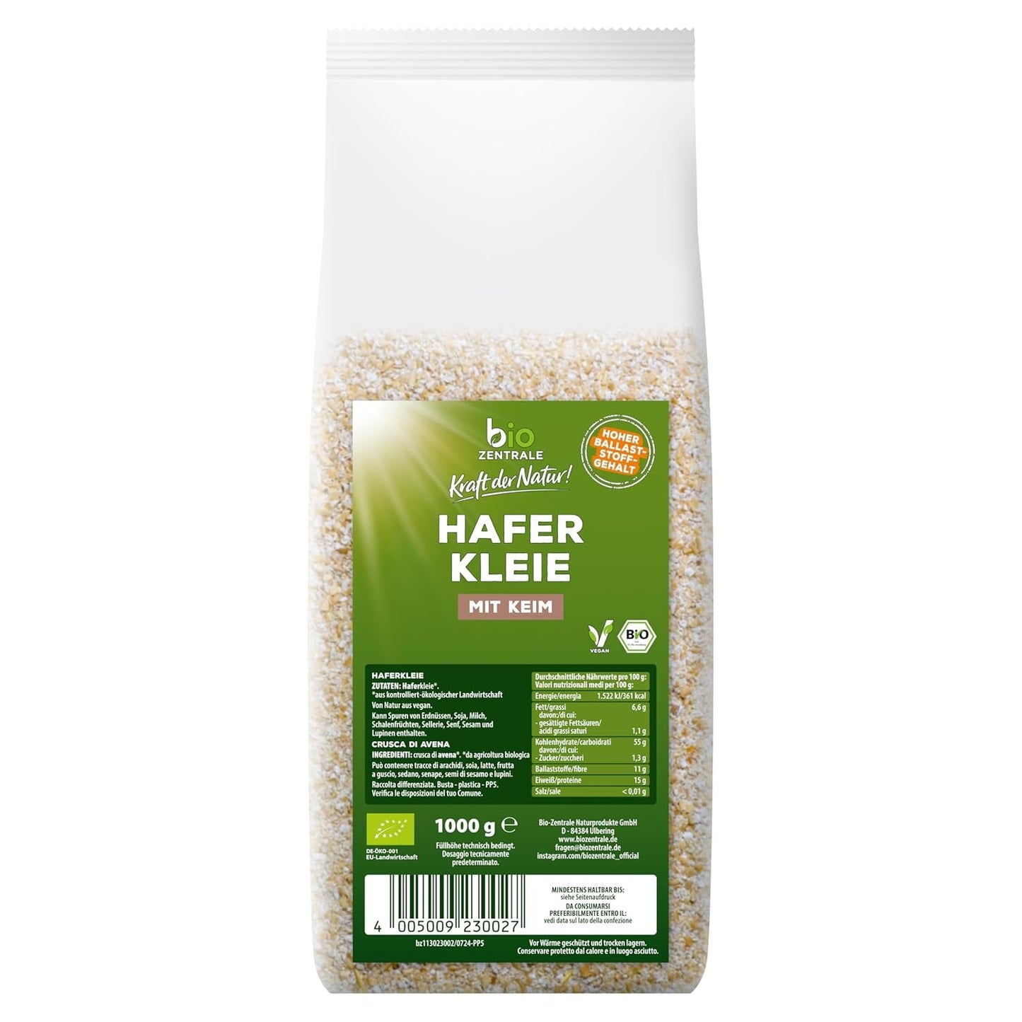 Salvado de avena ecológico Biocentral 1 kg | Paquete ventajoso | Fuente de proteína alta en fibra | Naturalmente vegano | De la agricultura de la UE | Bajo contenido de azúcar