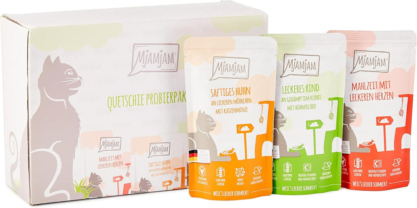 MjAMjAM - Comida húmeda premium para gatos - Paquete mixto I - Pollo, ternera y corazones Paquete de 12 (12 x 125 g), sin cereales y con carne extra