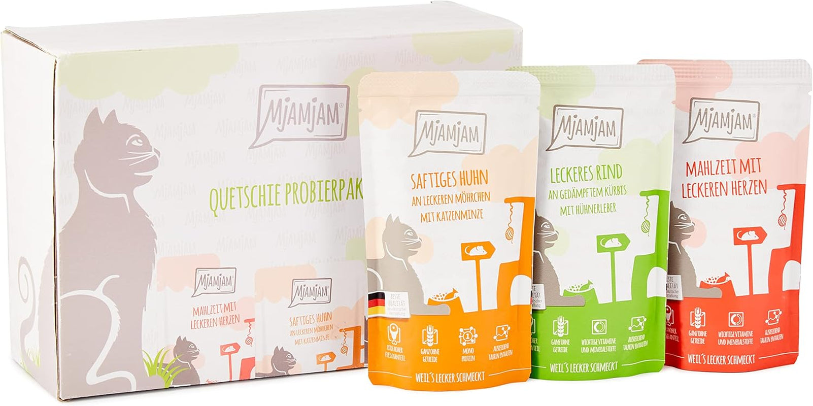 MjAMjAM - Comida húmeda premium para gatos - Paquete mixto I - Pollo, ternera y corazones Paquete de 12 (12 x 125 g), sin cereales y con carne extra