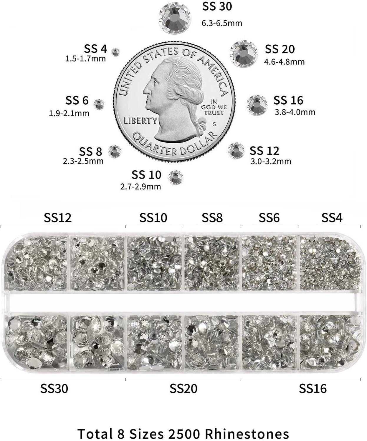 Beadsland 2500 piezas de piedras de cristal para decoración de uñas con parte trasera plana, piedras preciosas para trabajos manuales de 8 tamaños SS4 ~ SS30 con pinzas y puntas (Kristall Weiss)