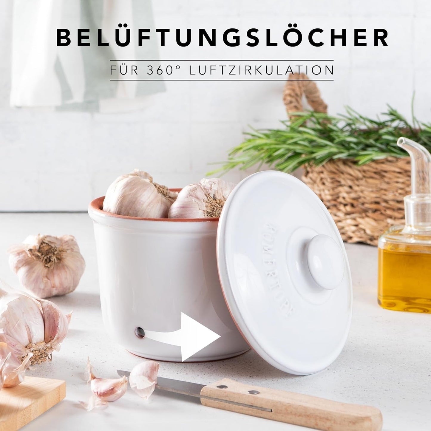 Römertopf Fresh Pot MINI 0,6 litros - Olla de cerámica para ajos - La arcilla transpirable mantiene las verduras frescas durante más tiempo - Circulación de aire ideal - Cajas de almacenamiento de alimentos blancas Naty Shop