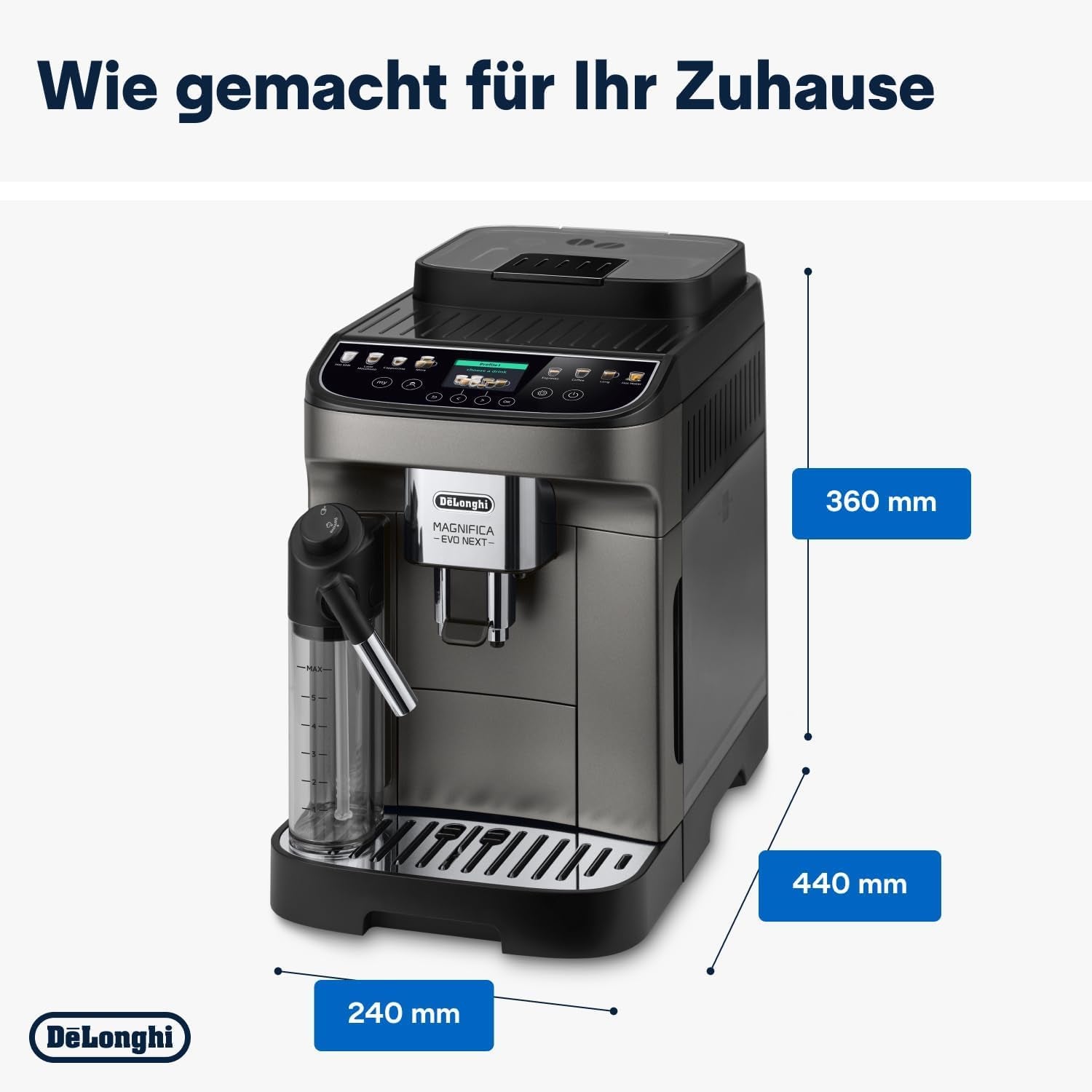 De'Longhi Magnifica Evo Next - Cafetera totalmente automática Perfetto con espumador de leche LatteCrema, 13 bebidas con un solo toque, cafetera y capuchino, pantalla táctil a color, titanio (ECAM312.80.TB)