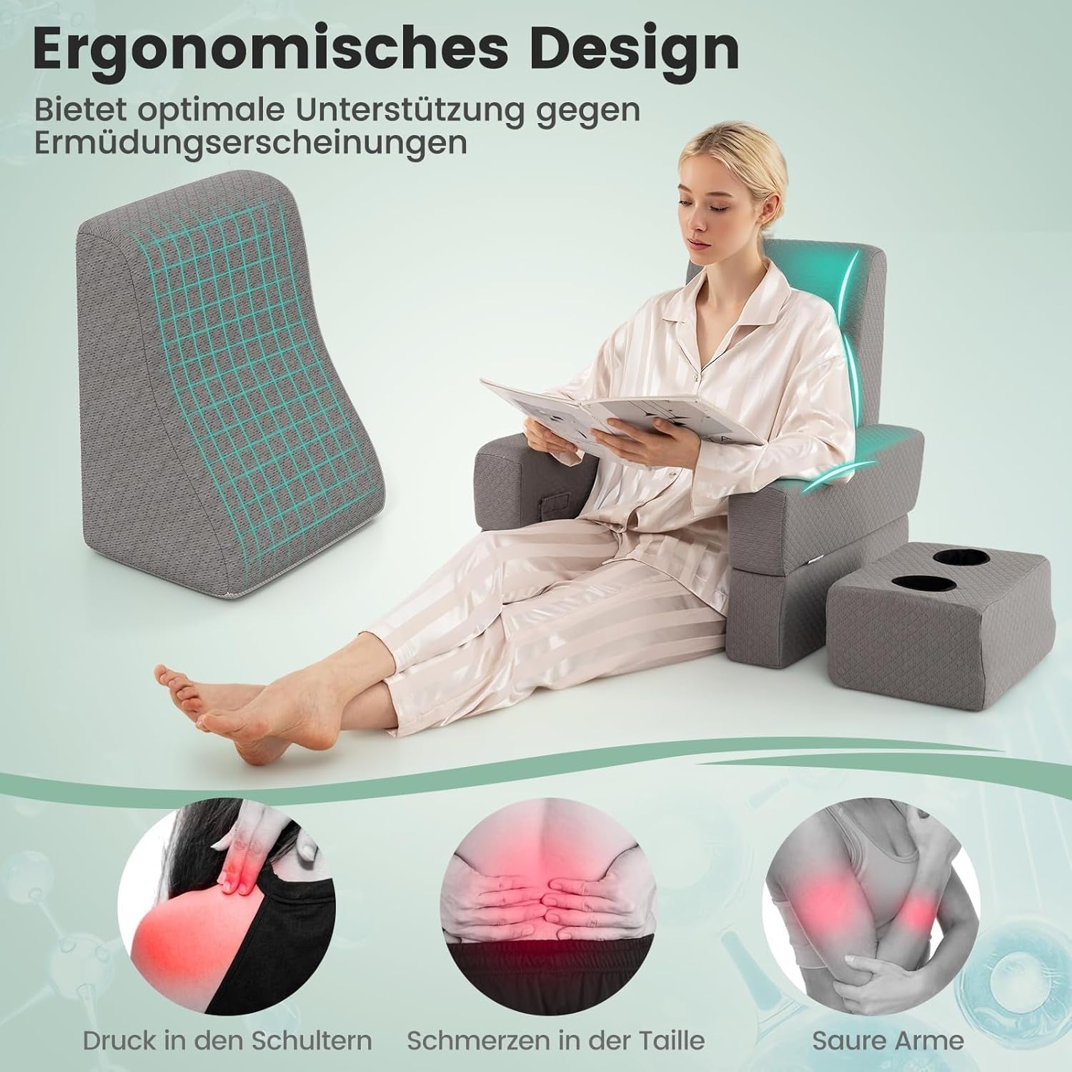 Almohada de lectura para cama y sofá, cojín para libros, combinable libremente con soporte para bebidas y funda lavable, almohada de escritorio ajustable para computadora portátil para leer, jugar, trabajar, escribir (gris)