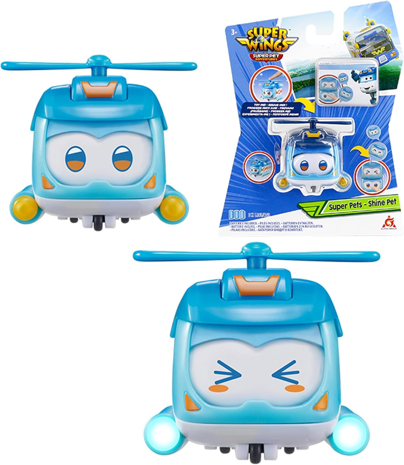 Super Wings Super Pets 4 PCS Shine, Golden Boy, Jerome, Ellie Expresión facial intercambiable Efecto relámpago Juguete portátil para niños de 3 4 5 6 7 8 años Figuras de acción de 2 pulgadas Naty Shop Shine