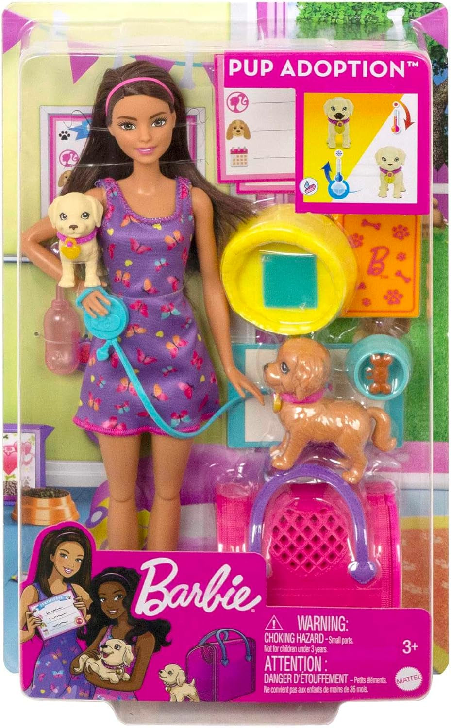 Adopción Barbie Puppy - Muñeca y 2 cachorros, con certificados de adopción, efecto de cambio de color, jaula y accesorios, para niños a partir de 3 años, HKD 86