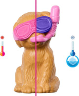 Barbie Puppy Pool Party Playset con muñeca de moda, casa para perros y tobogán, piscina con forma de corazón, 2 figuras de perros, 6 accesorios y cambiador de color, JBF35