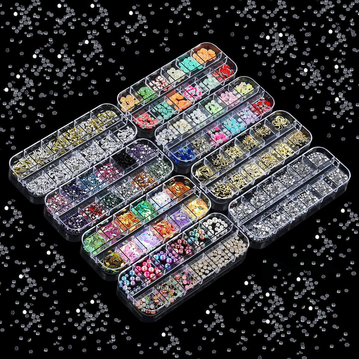 Kit de 8 cajas de strass para decoración de uñas, juego de strass para decoración de uñas, Nagel Kunst Strasssteine ​​​​Gems Perlen Edelsteine ​​​​Bunt Pferdeaugen Strass para Nageldesign Zubehör con 1 pinzetten y 1 Strass Picker para bricolaje