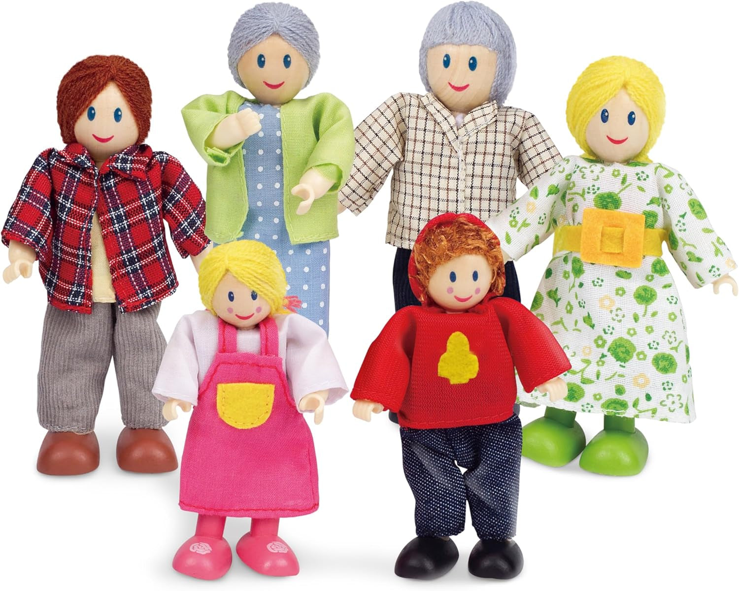 Hape Doll Family Juego de casa de muñecas galardonado, accesorios únicos de madera para casa de muñecas, juego imaginativo, 6 miembros de la familia de muñecas, a partir de 3 años