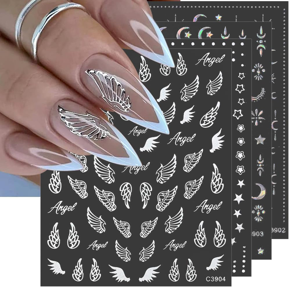 8 hojas de pegatinas doradas para uñas, luna y estrellas, alas de ángel, pegatinas para uñas doradas, estrellas, láminas para uñas, pegatinas autoadhesivas para uñas, accesorios de diseño de uñas, pegatinas para uñas