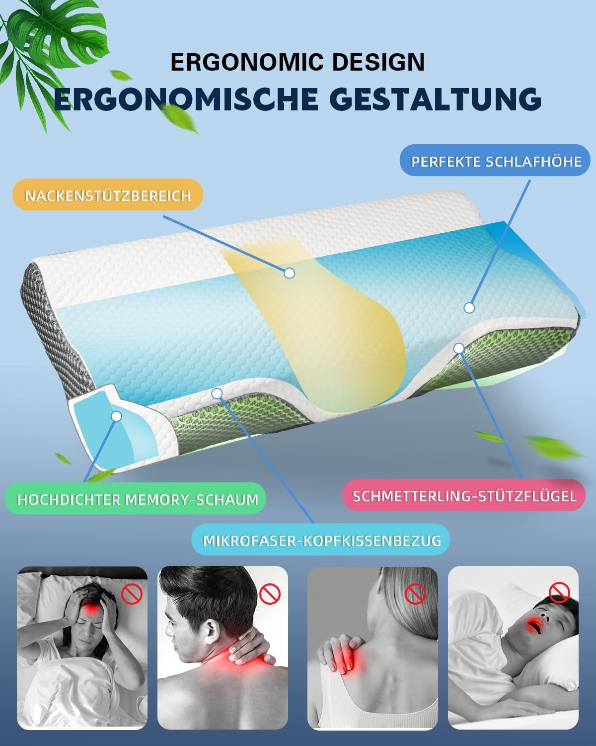 IDEA Almohada, Almohada Ortopédica Ergonómica para Dolor de Cuello, Almohada Viscoelástica para Dormir de Lado, Espalda y Abdominal, Almohada Antironquidos para Hombres Mujeres (62*34.5*12/8CM) Almohadas Ortopédicas Cervicales Naty Shop