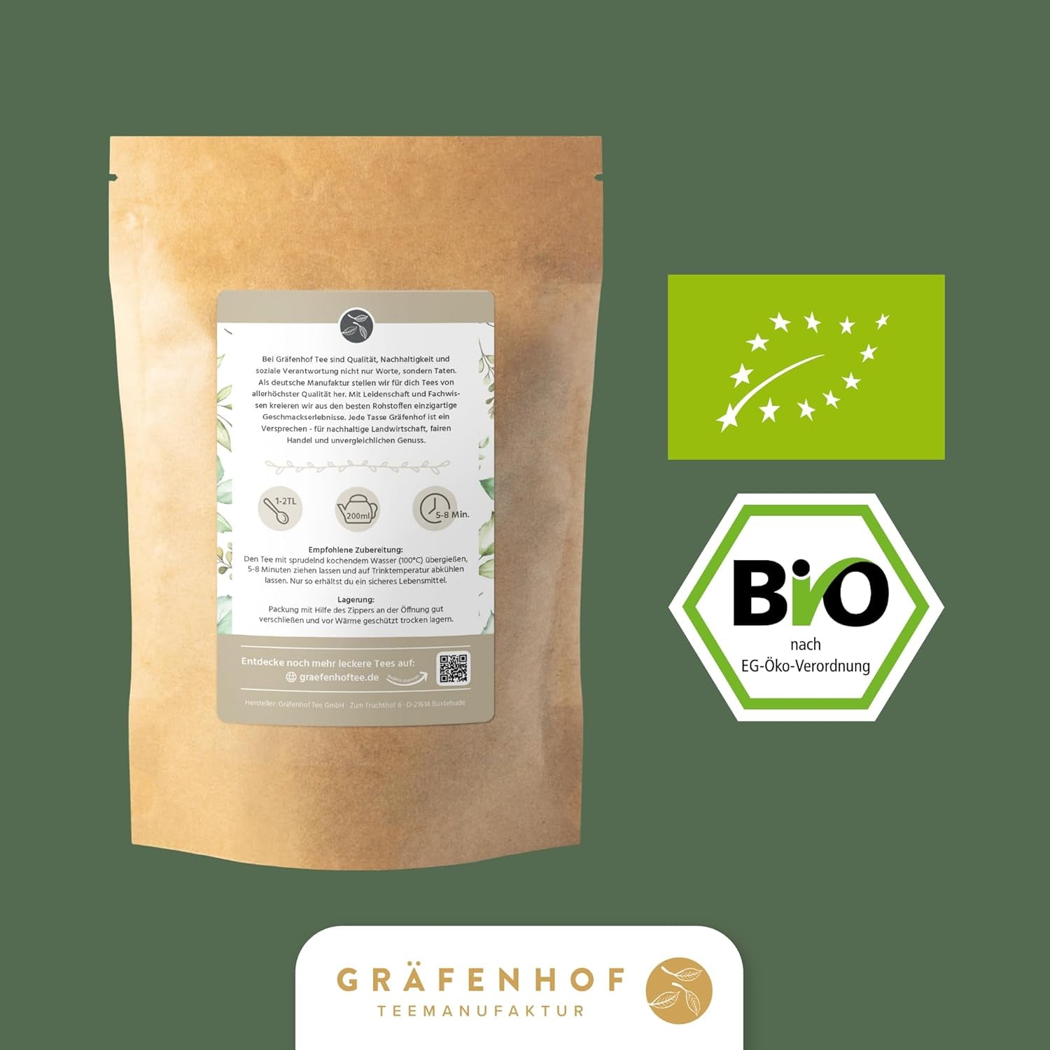 Té de yerba mate orgánico El original 1 kg de té de mate suelto alto en cafeína Sin tostar Hojas de mate secadas al aire probadas en laboratorio Envasadas en Alemania Calidad premium Gräfenhof