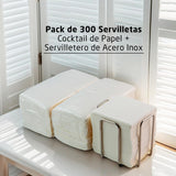 Paquete de 300 servilletas de papel de cóctel blancas + servilletero de acero inoxidable con textura de micropuntos, absorbente grueso, 10 x 10 cm, plegados juntos